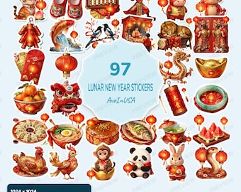 97 Lunar New Year Stickers PNG Bundle, Holiday Crafts, Planners, Gift Tags (Digital Download)