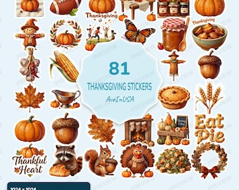 81 Thanksgiving Stickers PNG, Thanksgiving Clipart Bundle, Cute Thanksgiving Digital Stickers, Fall Holiday Graphics
