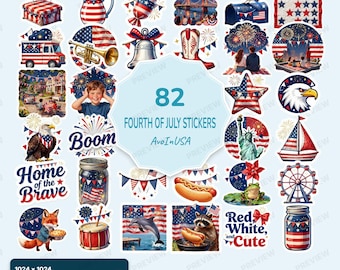 82 Fourth of July Stickers PNG, 4th of July Clipart Bundle, Independence Day Digital Stickers, Patriotic Graphics