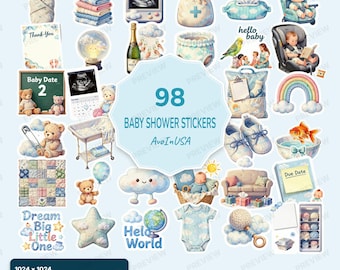 98 Baby Shower Stickers PNG, Baby Shower Clipart Bundle, Baby Shower Digital Stickers, Baby Celebration Graphics