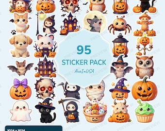 95 Halloween Stickers PNG Bundle, Spooky Digital Clipart (Digital Download)