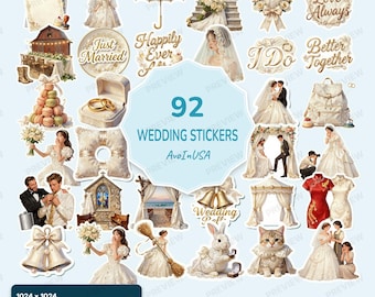 92 Wedding Stickers PNG, Wedding Clipart Bundle, Wedding Digital Stickers, Bridal & Marriage Graphics