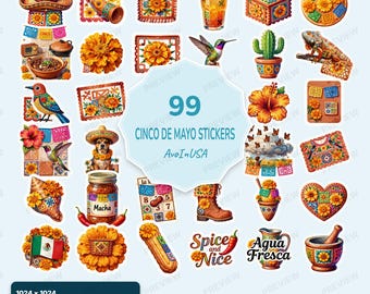 99 Cinco de Mayo Stickers PNG, Cinco de Mayo Clipart Bundle, Fiesta Digital Stickers, Mexican Holiday Graphics
