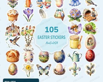 105 Easter Stickers PNG, Easter Clipart Bundle, Cute Easter Digital Stickers, Spring Holiday Graphics