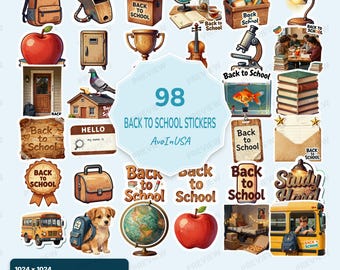98 Back to School Stickers PNG, School Clipart Bundle, Cute School Digital Stickers, Teacher & Student Graphics
