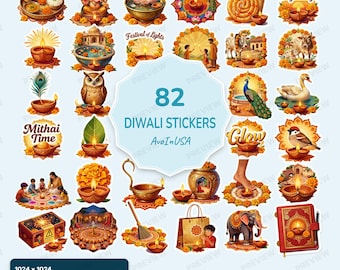 82 Diwali Stickers PNG, Diwali Clipart Bundle, Diwali Digital Stickers, Festival of Lights Graphics