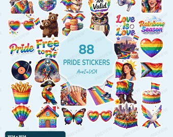 88 Pride Stickers PNG, Pride Clipart Bundle, Pride Digital Stickers, Rainbow Celebration Graphics