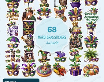 68 Mardi Gras Stickers PNG, Mardi Gras Clipart Bundle, Carnival Digital Stickers, Mardi Gras Party Graphics