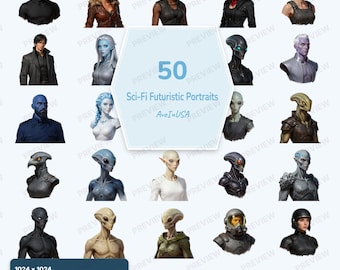 50 Sci-Fi Futuristic Portraits PNG Bundle, Cyberpunk Character Art (Digital Download)