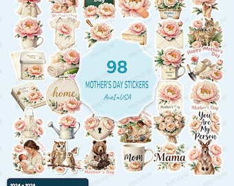 98 Mother's Day Stickers PNG, Mother’s Day Clipart Bundle, Cute Mom Digital Stickers, Mother’s Day Graphics