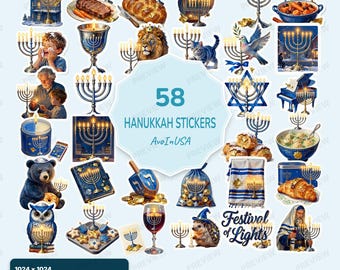 58 Hanukkah Stickers PNG, Hanukkah Clipart Bundle, Hanukkah Digital Stickers, Jewish Holiday Graphics