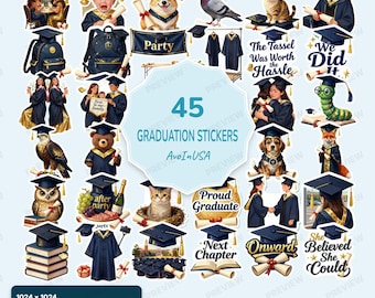 45 Graduation Stickers PNG, Graduation Clipart Bundle, Graduation Digital Stickers, Graduation Party Graphics