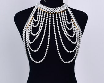 Bridal Pearl Shoulder Necklace,Unique Wedding Dress Shoulder Jewelry,Art Deco Pearl Shoulder Chains