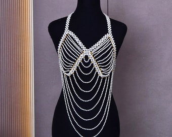 Pearl Body Jewelry, Sexy Photoshoot Accessories, Pearl Body Chain Top Backless,Sexy Shoulder Necklaces Bra Jewelry