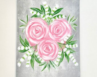 Original “Pink Heart and Roses” Abstract Painting, Acrylic on Canvas Board, Heart Flower Painting Floral Heart Painting