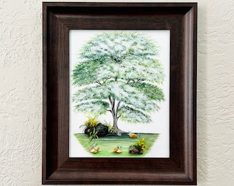 Mixed Media Art, Original Green Bonsai Tree Painting with Rock Stones, Framing Included, Original Bonsai Tree and Rock Art, Tree Painting