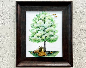 Mixed Media Art, Original Green Tree Painting with Rock Stones, Framing Included, Tree Painting and Stone Rock Pebble Art, Tree Art