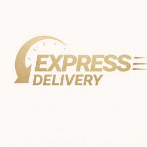 Puede incluir: Logotipo "EXPRESS DELIVERY" dorado sobre fondo blanco. El diseño incluye un gráfico en forma de reloj con una flecha que apunta hacia abajo y tres líneas de velocidad a la derecha del texto, sugiriendo envío rápido.