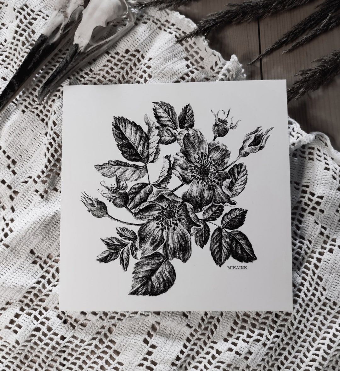Wild Rose Square Botanical Art Print 20x20cm - Etsy