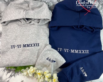 Matching Couples Roman Numerals Date Embroidered Adults Hoodie