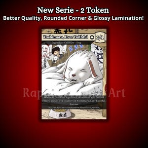 May include: A white dog with floppy ears is sleeping on a bed. The dog is a legendary creature called Yoshimaru, Ever Faithful. The card is a 1/1 creature card with the text "Whenever another legendary permanent you control enters, put a +1/+1 counter on Yoshimaru, Ever Faithful. Partner (You can have two commanders if both have partner.)"