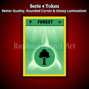 May include: A green and yellow card with the word "FOREST" at the top. The card features a black tree graphic inside a green circle, with the text "Serie 4 Token" and "Raphael Alonzi Art". The card has rounded corners and glossy lamination.