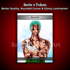 Peut inclure: Une carte à collectionner avec un personnage aux cheveux verts et des éclaboussures de sang, intitulée "BLOOD". La carte fait partie de la collection "Serie 4 Token", avec du texte indiquant une meilleure qualité et une lamination brillante. Les instructions sont également visibles.