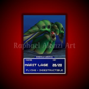 May include: A green robot with red eyes and a blue background. The robot is labeled "MARIT LAGE" with a health bar of 20/20. The text "EMERALD WEAPON" is also visible. The robot is labeled as "FLYING - INDESTRUCTIBLE".