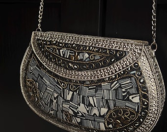 Silber Metall Geldbörse, Hand Clutch / Antike Metall Clutch / Indische Silber Metall Party Tasche / Braut Clutch.