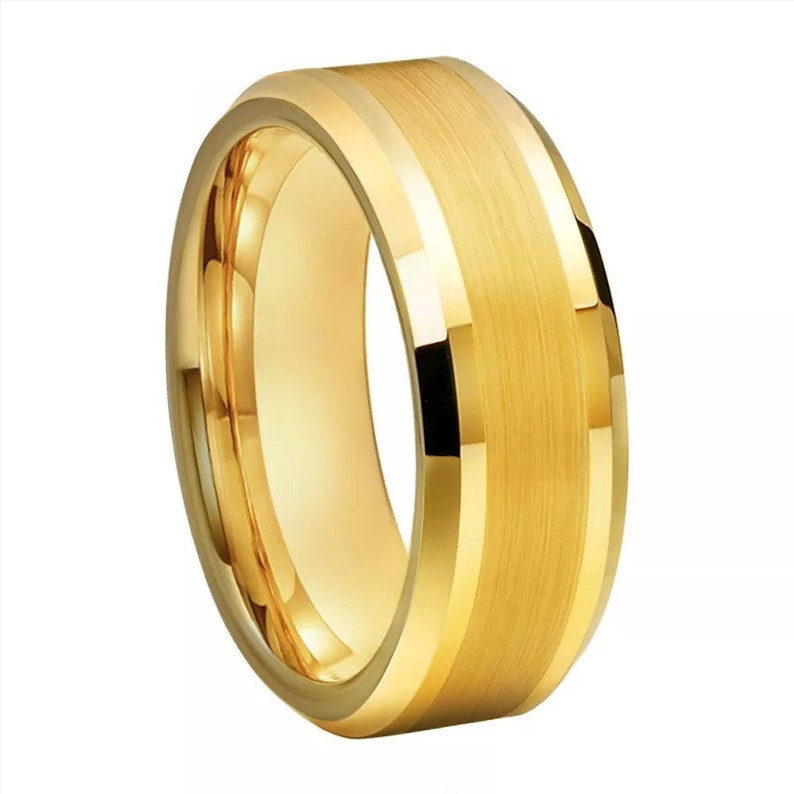 8mm Men & Ladies Tungsten Carbide Gold Plated w Brushed Center Wedding Band Ring 
