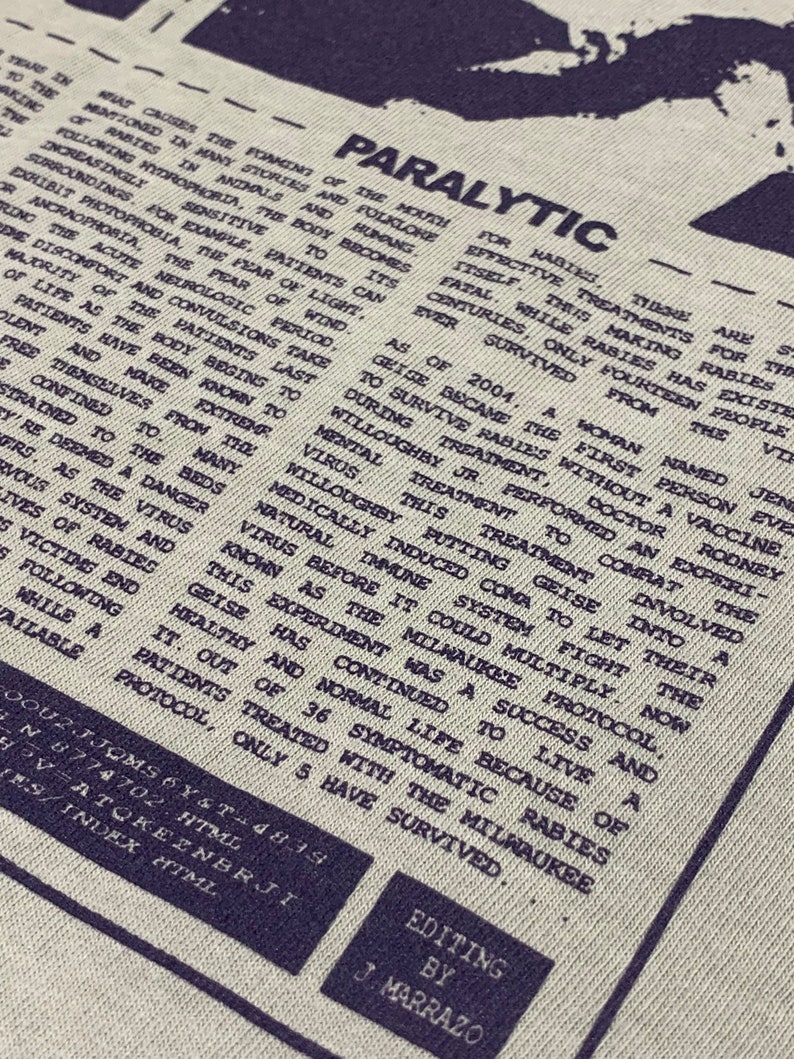 May include: A black and white image of a newspaper article about rabies. The article discusses the history of rabies, the symptoms, and the Milwaukee Protocol, a treatment that has been successful in saving lives. The article is titled "Paralytic".