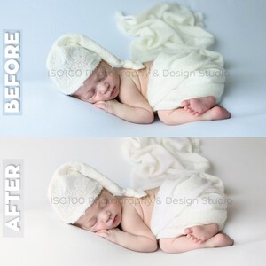 May include: A newborn baby wearing a white knitted hat is sleeping on a white blanket. The baby is wrapped in a white fabric and has a peaceful expression on their face.
