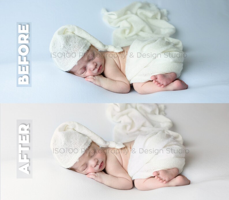May include: A newborn baby wearing a white knitted hat is sleeping on a white blanket. The baby is wrapped in a white fabric and has a peaceful expression on their face.