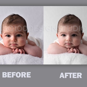 May include: A before and after photo of a baby lying on a white blanket. The baby is looking at the camera with a serious expression. The photo on the left shows the original image, while the photo on the right shows the image after editing. The editing has brightened the image and smoothed out the baby's skin.