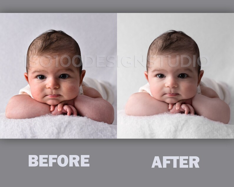 May include: A before and after photo of a baby lying on a white blanket. The baby is looking at the camera with a serious expression. The photo on the left shows the original image, while the photo on the right shows the image after editing. The editing has brightened the image and smoothed out the baby's skin.