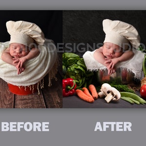 May include: A newborn baby wearing a white chef's hat is sleeping in a white blanket inside a red pot. The baby is surrounded by fresh vegetables, including carrots, green beans, mushrooms, and red peppers.