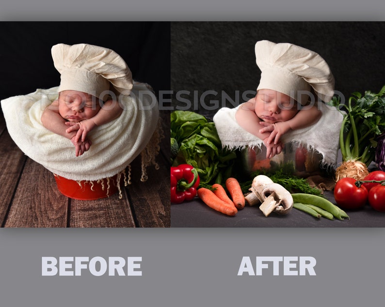 May include: A newborn baby wearing a white chef's hat is sleeping in a white blanket inside a red pot. The baby is surrounded by fresh vegetables, including carrots, green beans, mushrooms, and red peppers.