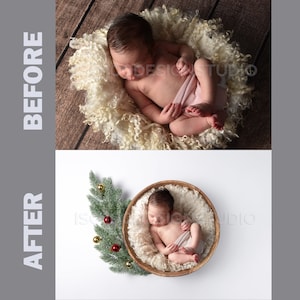May include: A newborn baby is sleeping in a white fluffy basket. The basket is on a wooden surface.