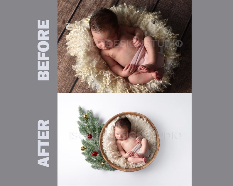 May include: A newborn baby is sleeping in a white fluffy basket. The basket is on a wooden surface.