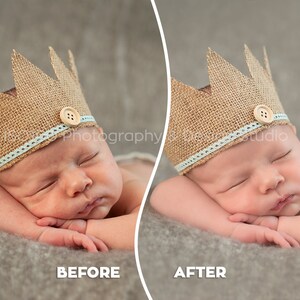 May include: A newborn baby wearing a brown burlap crown with a light blue ribbon and a wooden button. The baby is sleeping on a gray fuzzy blanket.