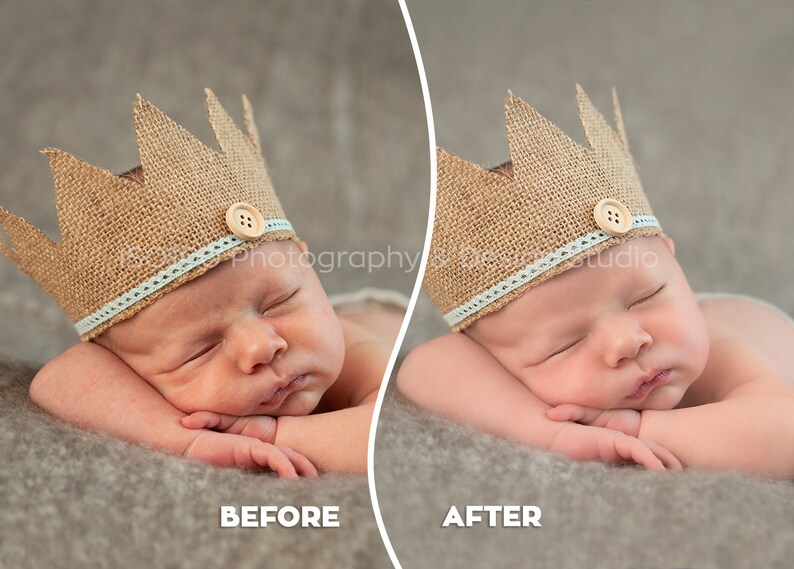 May include: A newborn baby wearing a brown burlap crown with a light blue ribbon and a wooden button. The baby is sleeping on a gray fuzzy blanket.