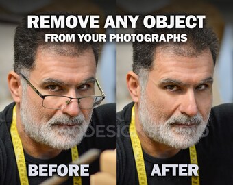 May include: Before and after image showing the removal of a pair of eyeglasses from a man's face. The man has a gray beard and is wearing a black shirt with a yellow measuring tape around his neck. The text "REMOVE ANY OBJECT FROM YOUR PHOTOGRAPHS" is at the top of the image. The text "BEFORE" is below the man's face on the left side of the image. The text "AFTER" is below the man's face on the right side of the image.