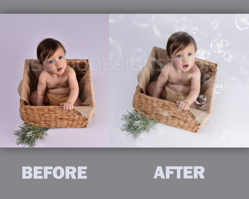 May include: A baby sitting in a wicker basket with a burlap lining. The baby is looking up and there are bubbles floating in the air around the baby.