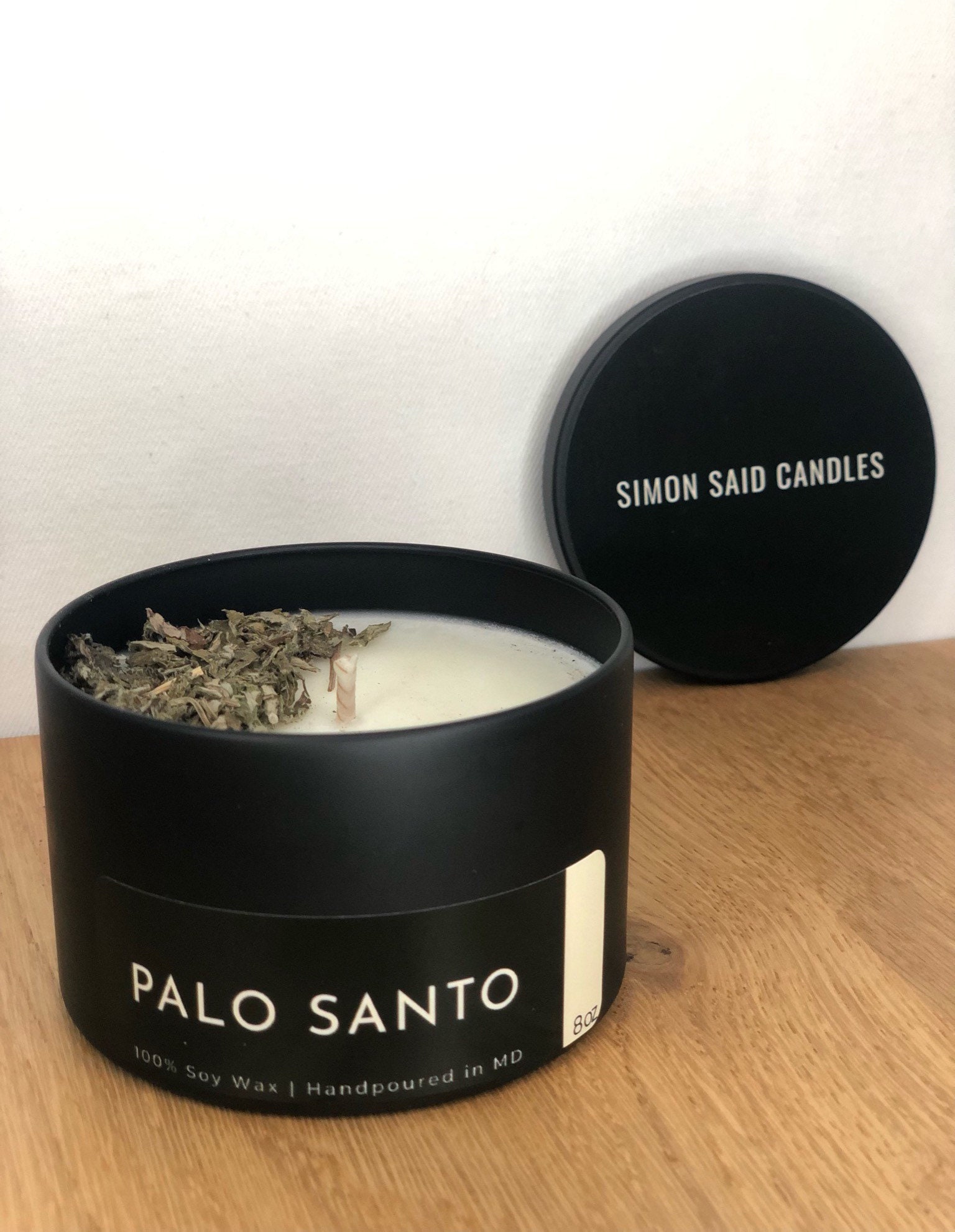 Palo Santo | 8Oz Bougie Noire Mate Élégante Cire de Soja 100% Végétalienne Mèche en Coton Versé à La