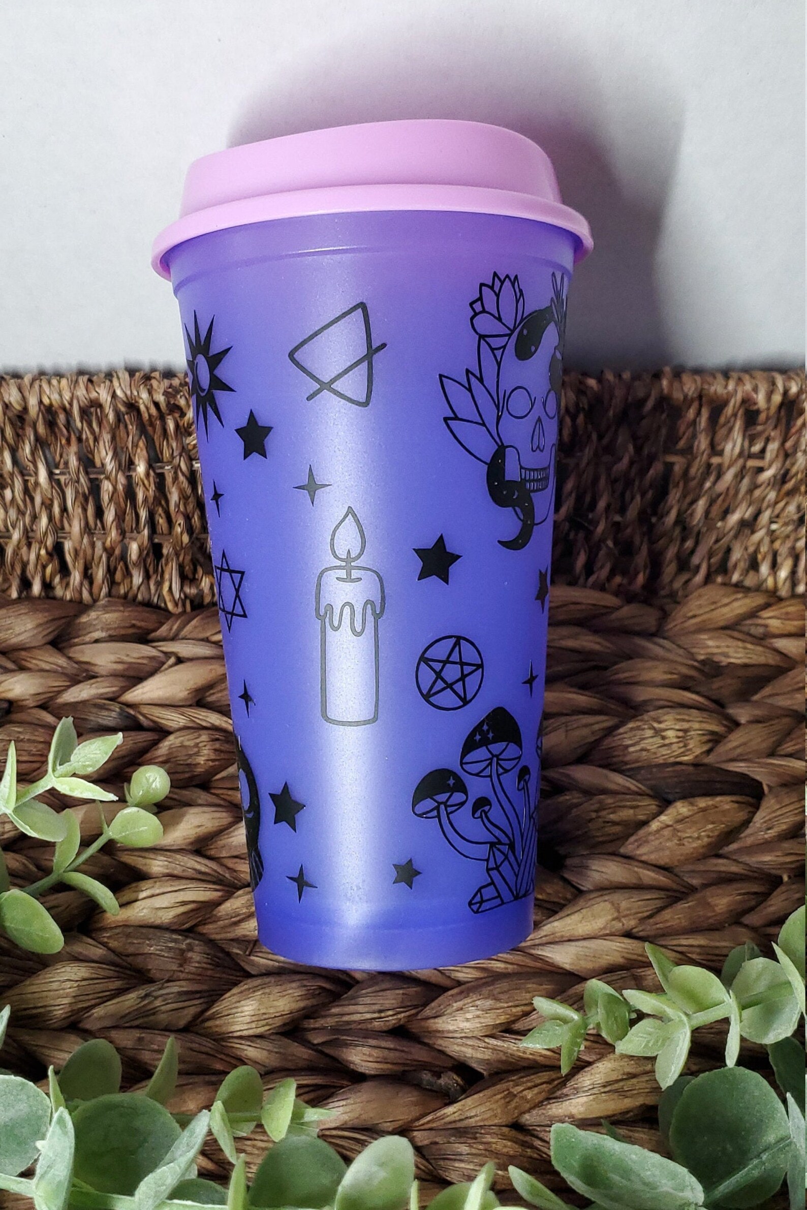 Color Changing purple hot cup with witchy theme matte black Etsy