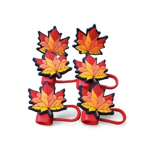 May include: Six red silicone shoe charms with orange, yellow, and red maple leaf designs.