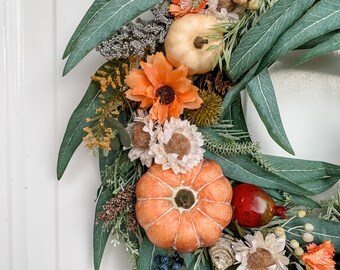 Pumpkin Harvest Wreath, Autumn front door decor for fall