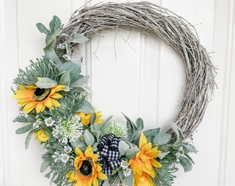 Sunflower & Lambs Ear Gingham Wreath, Autumn Fall Home Decor
