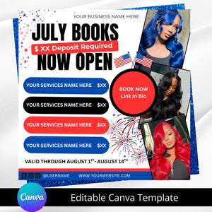 July Books Open Now Booking Flyer DIY Editable Canva Template Hair Lash Nail Makeup Wax Appointment Flyer