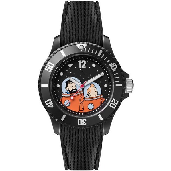 Montre Tintin : Montre Tintin & Haddock Lune – Petit Bracelet Noir Moulinsart NEUF